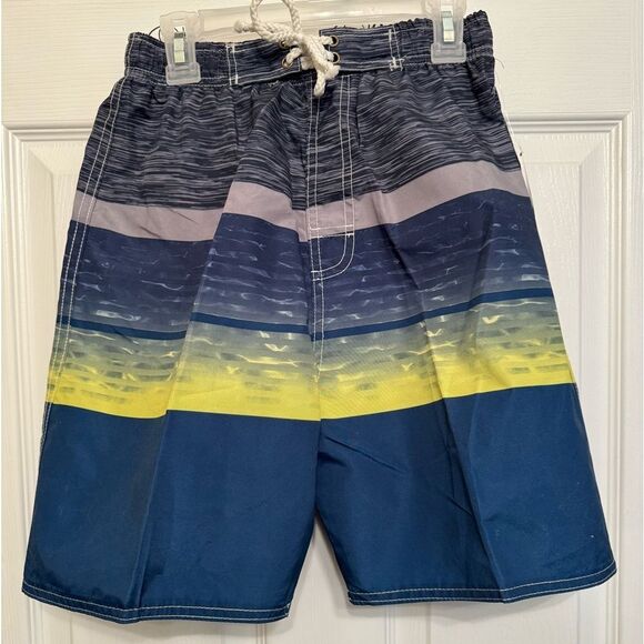 Quad Seven Sz M (8/10) Boy’s Gray Blue Yellow Stripe Swim Trunks - Picture 1 of 2